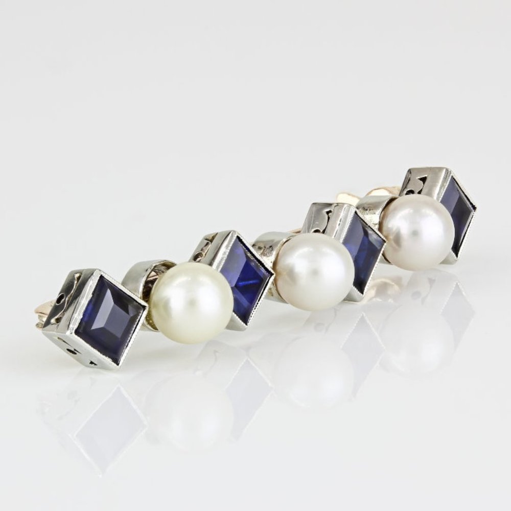 Vintage 13k White Gold Sapphire & Pearl Pin / Brooch - Picture 3 of 8